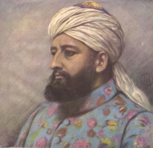 Coloured-in photo portrait of Khwaja Kamal-ud-Din