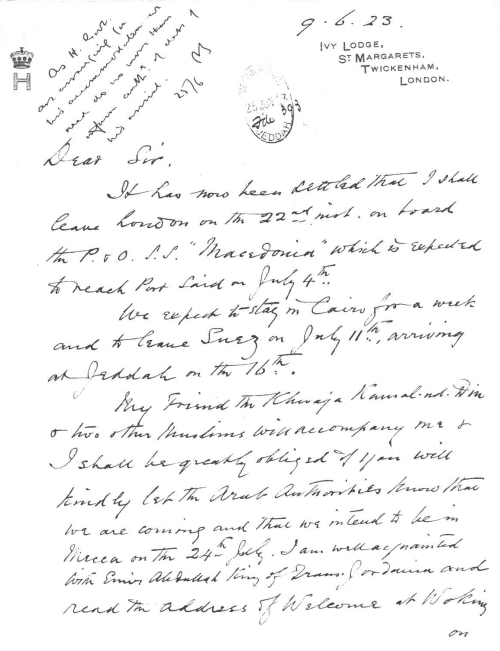 Lord Headley's letter, 9 June 1923, p. 1
