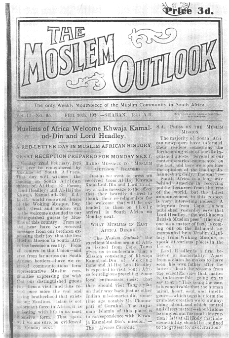 Moslem Outlook, front page